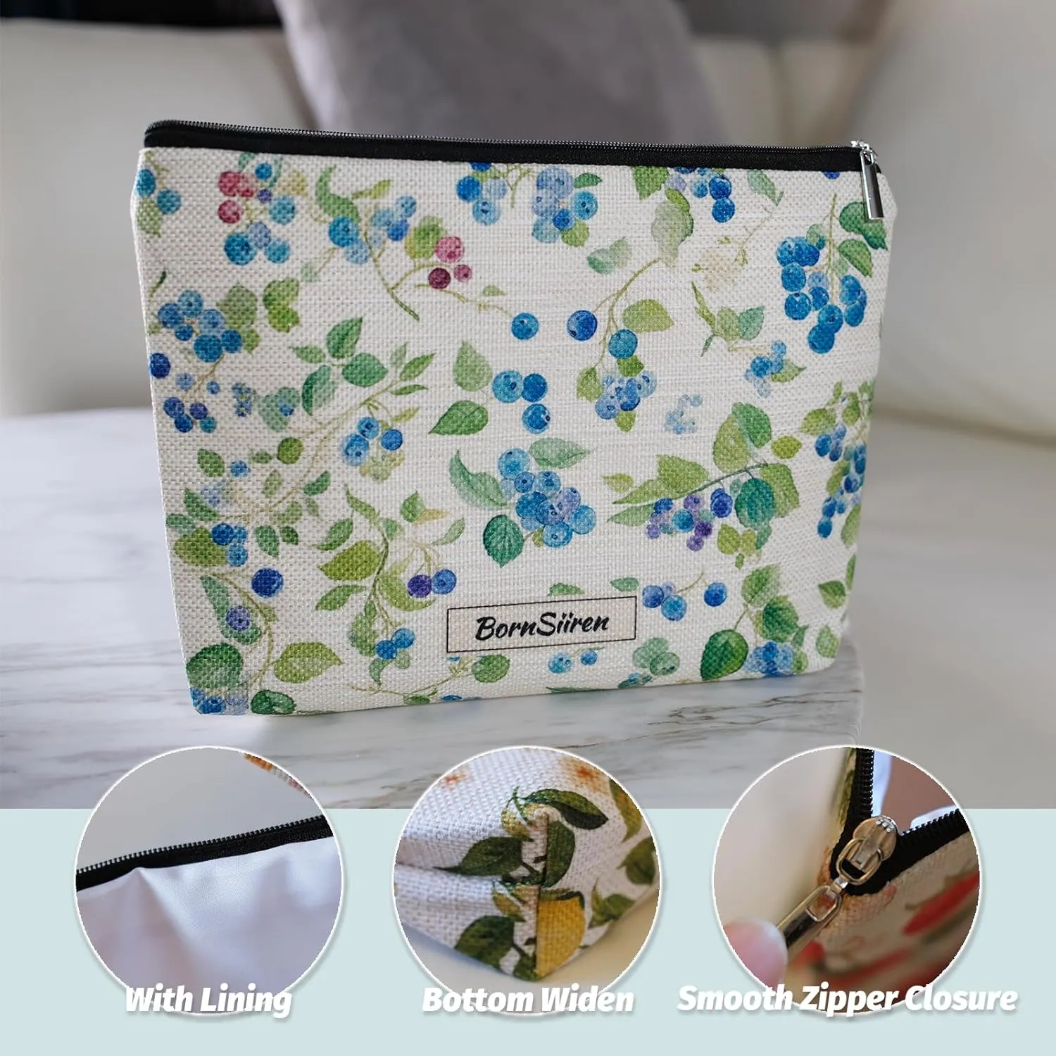 Makeup Bag Blueberry with Leave Cosmetic Bag for Women Coquette Aesthetic Toiletry Bag Pouch Organizer Travel Accessories Storage with Lining