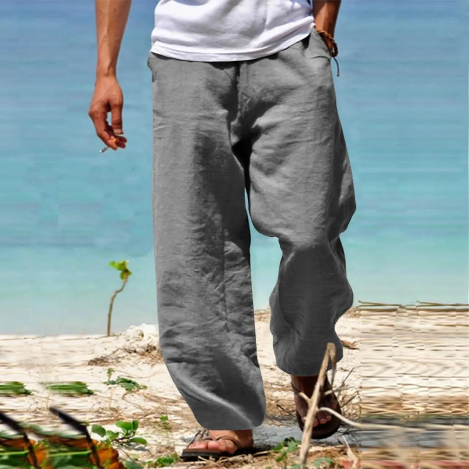 Mens Beach Pants Casual Lightweight Cotton Linen Pants Elastic Waist Wide Leg Trendy Fashion Loose Fit Trousers