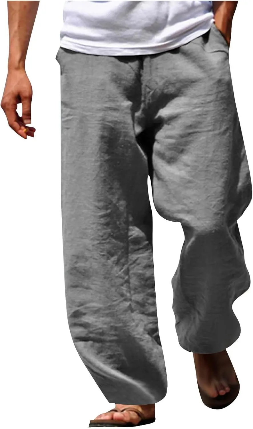 Mens Beach Pants Casual Lightweight Cotton Linen Pants Elastic Waist Wide Leg Trendy Fashion Loose Fit Trousers