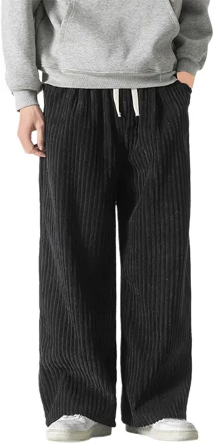 Mens Corduroy Pants Baggy Wide Leg Loose Fit Drawstring Elastic Waist Sweatpants Vintage Pants