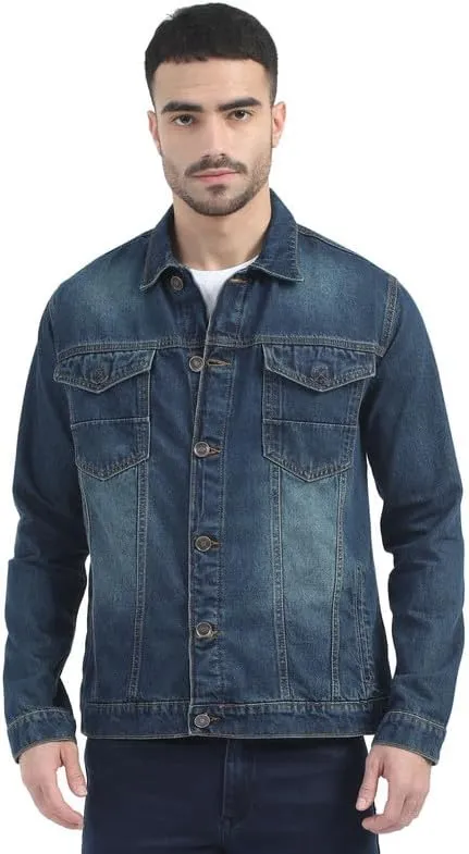 Men's Denim Cotton Solid Spread Collar Slim Fit Full Sleeve Four Pocket Casual Denim Jacket