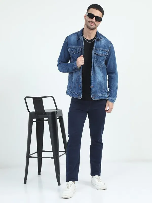 Men's Denim Cotton Solid Spread Collar Slim Fit Full Sleeve Four Pocket Casual Denim Jacket