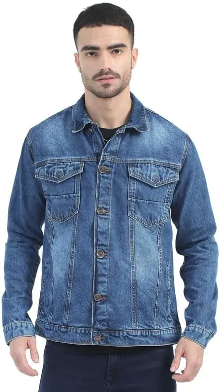 Men's Denim Cotton Solid Spread Collar Slim Fit Full Sleeve Four Pocket Casual Denim Jacket