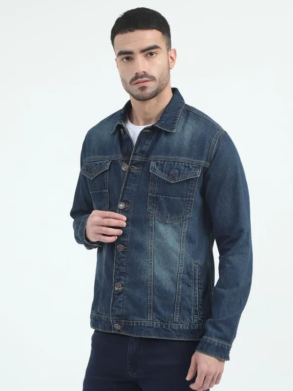 Men's Denim Cotton Solid Spread Collar Slim Fit Full Sleeve Four Pocket Casual Denim Jacket
