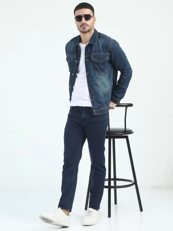 Men's Denim Cotton Solid Spread Collar Slim Fit Full Sleeve Four Pocket Casual Denim Jacket