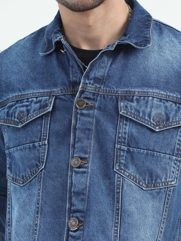 Men's Denim Cotton Solid Spread Collar Slim Fit Full Sleeve Four Pocket Casual Denim Jacket