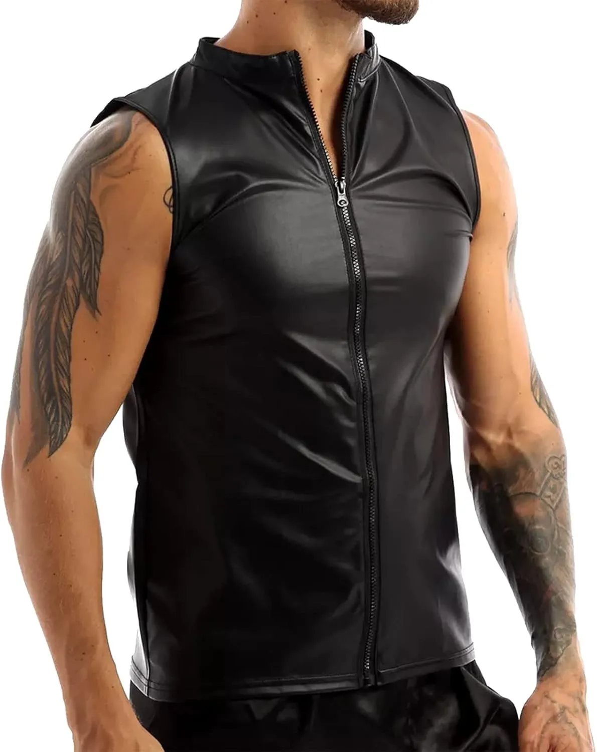 Mens Fashion Casual Solid Color Leather Sexy Coat Sexy Leather Coat Clothes Vest Mesh Lingerie