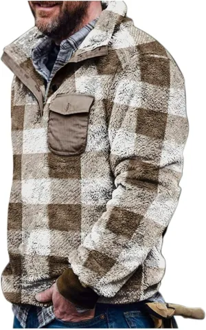 Men's Flannel Shirt Stripe Print Hooded Zipper Pocket Long Sleeve Shirt Patchwork Men's Plaid Hoodie Flannel Jacket