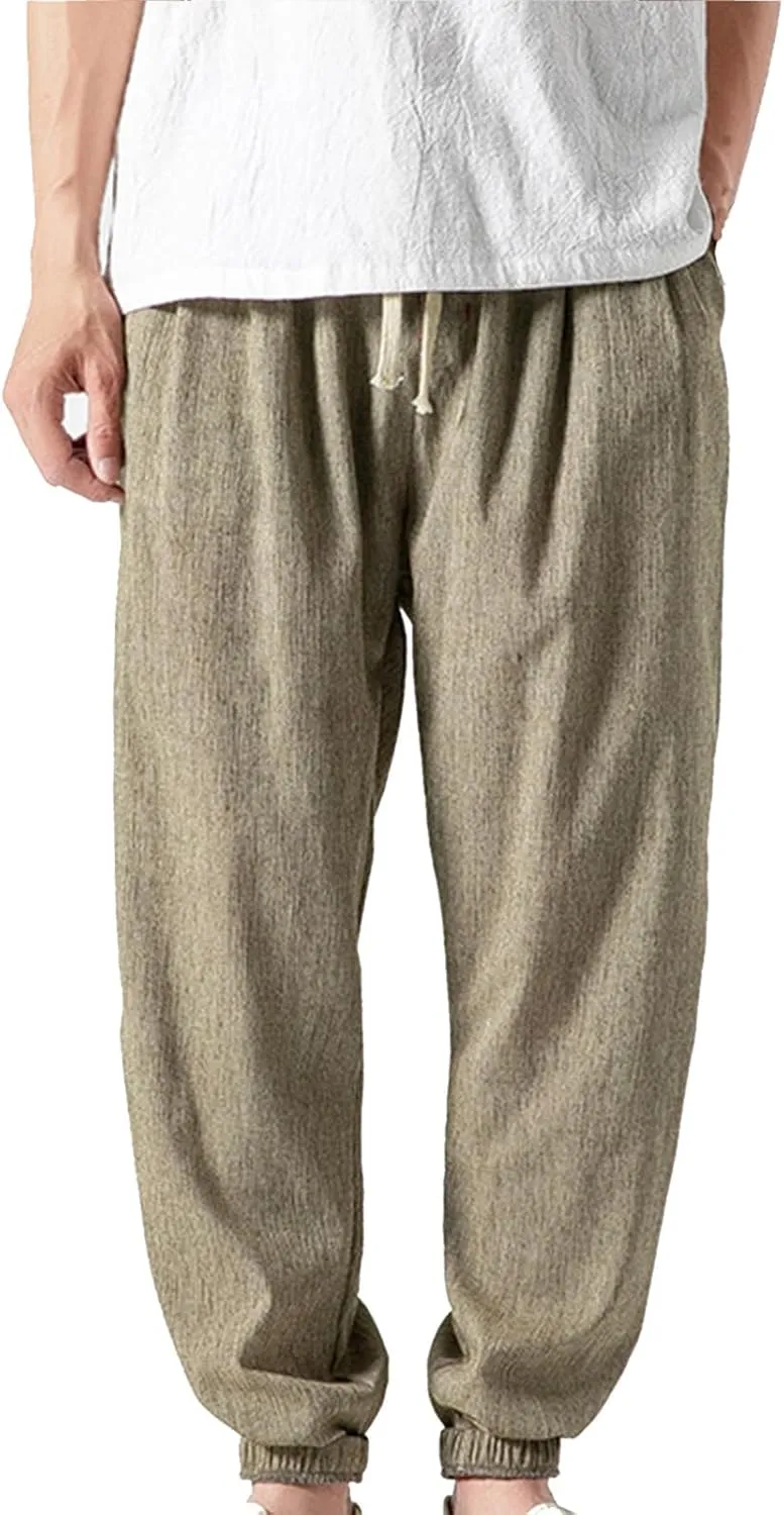 Mens Lantern Casual Pants Loose Fit Hiking Trousers Cotton Linen Trendy Harlen Pants Drawstring Waist Tapered Pants