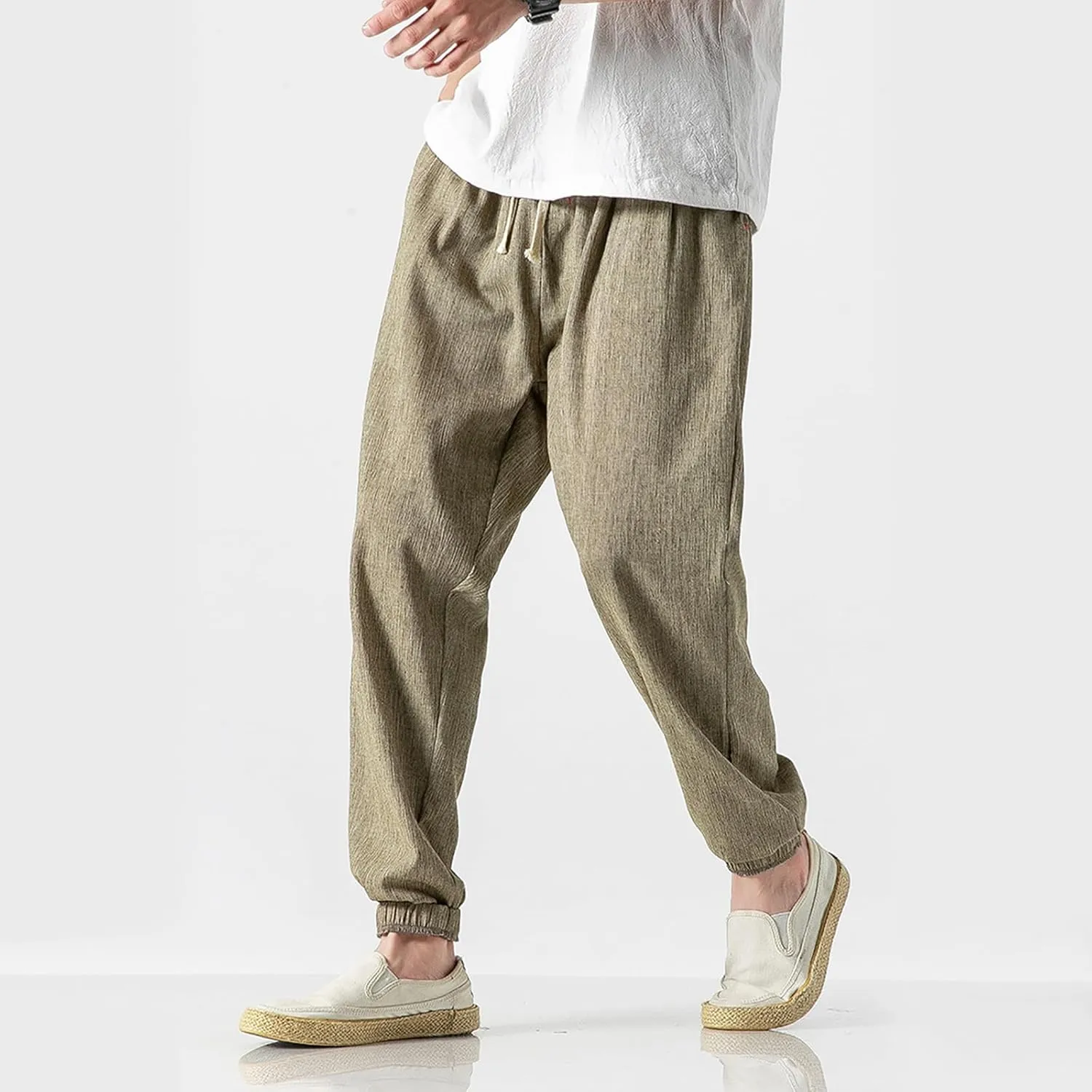 Mens Lantern Casual Pants Loose Fit Hiking Trousers Cotton Linen Trendy Harlen Pants Drawstring Waist Tapered Pants