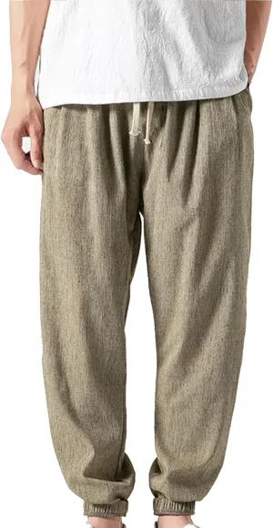 Mens Lantern Casual Pants Loose Fit Hiking Trousers Cotton Linen Trendy Harlen Pants Drawstring Waist Tapered Pants