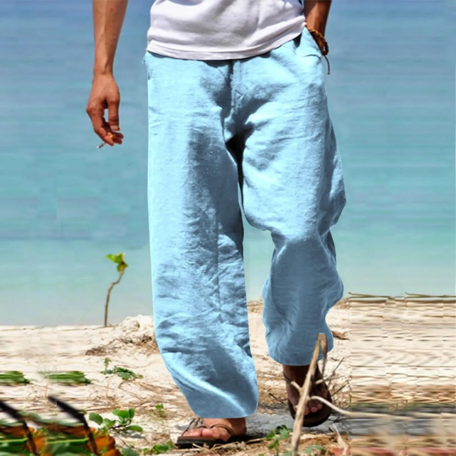 Mens Spring Cotton Linen Pants Multi Pockets Straight Pant Summer Solid Casual Loose Trousers Beach Vacation Clothing