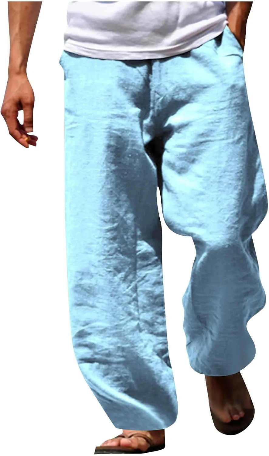 Mens Spring Cotton Linen Pants Multi Pockets Straight Pant Summer Solid Casual Loose Trousers Beach Vacation Clothing