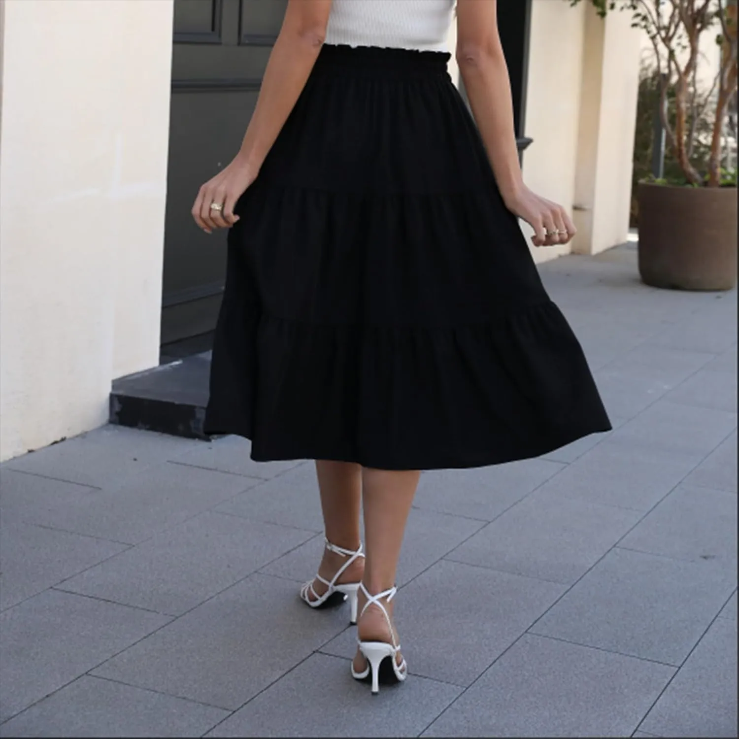Midi Skirts for Women - Bohemian High Waist Elastic Ruffle A-Line Pleated Skirt for Summer