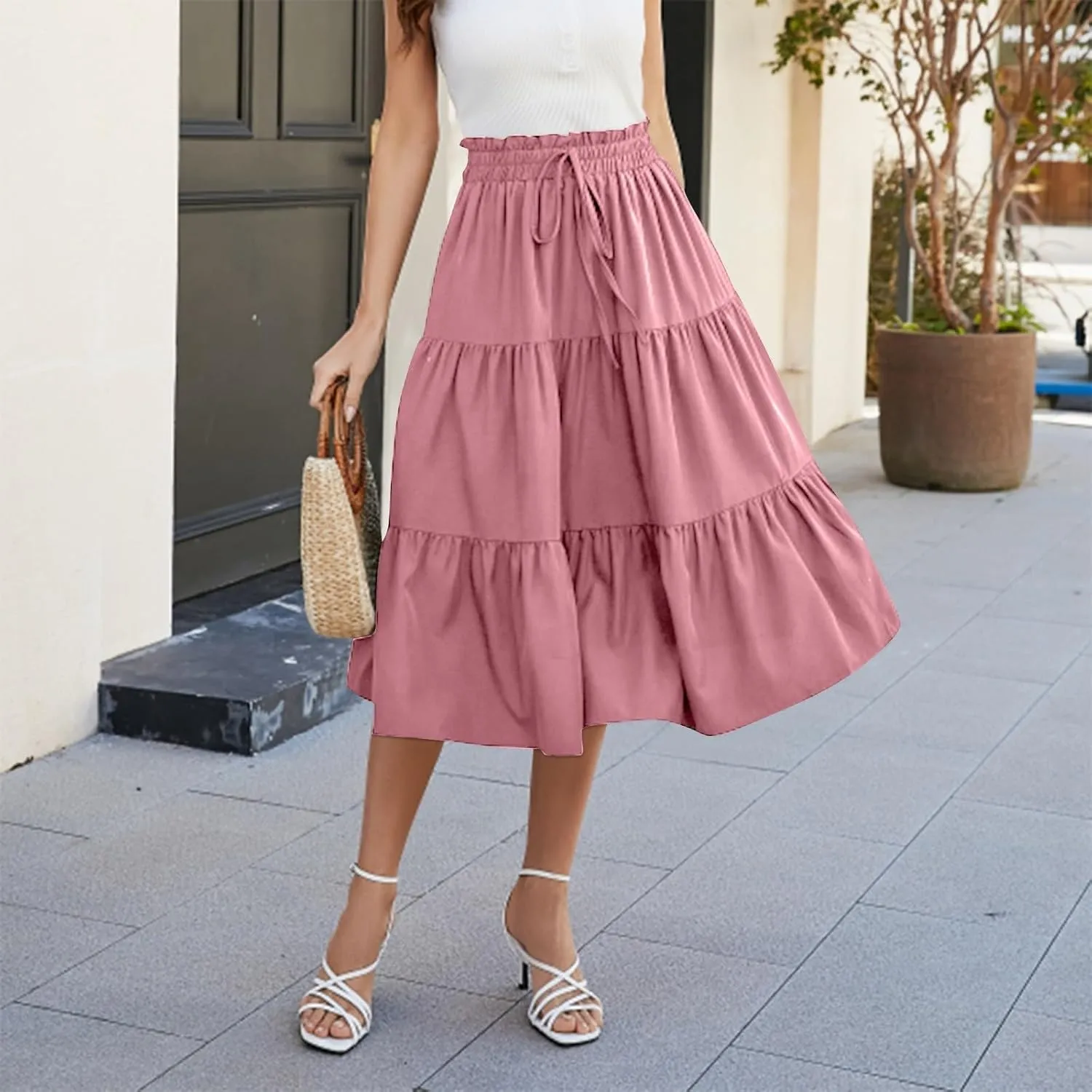 Midi Skirts for Women - Bohemian High Waist Elastic Ruffle A-Line Pleated Skirt for Summer