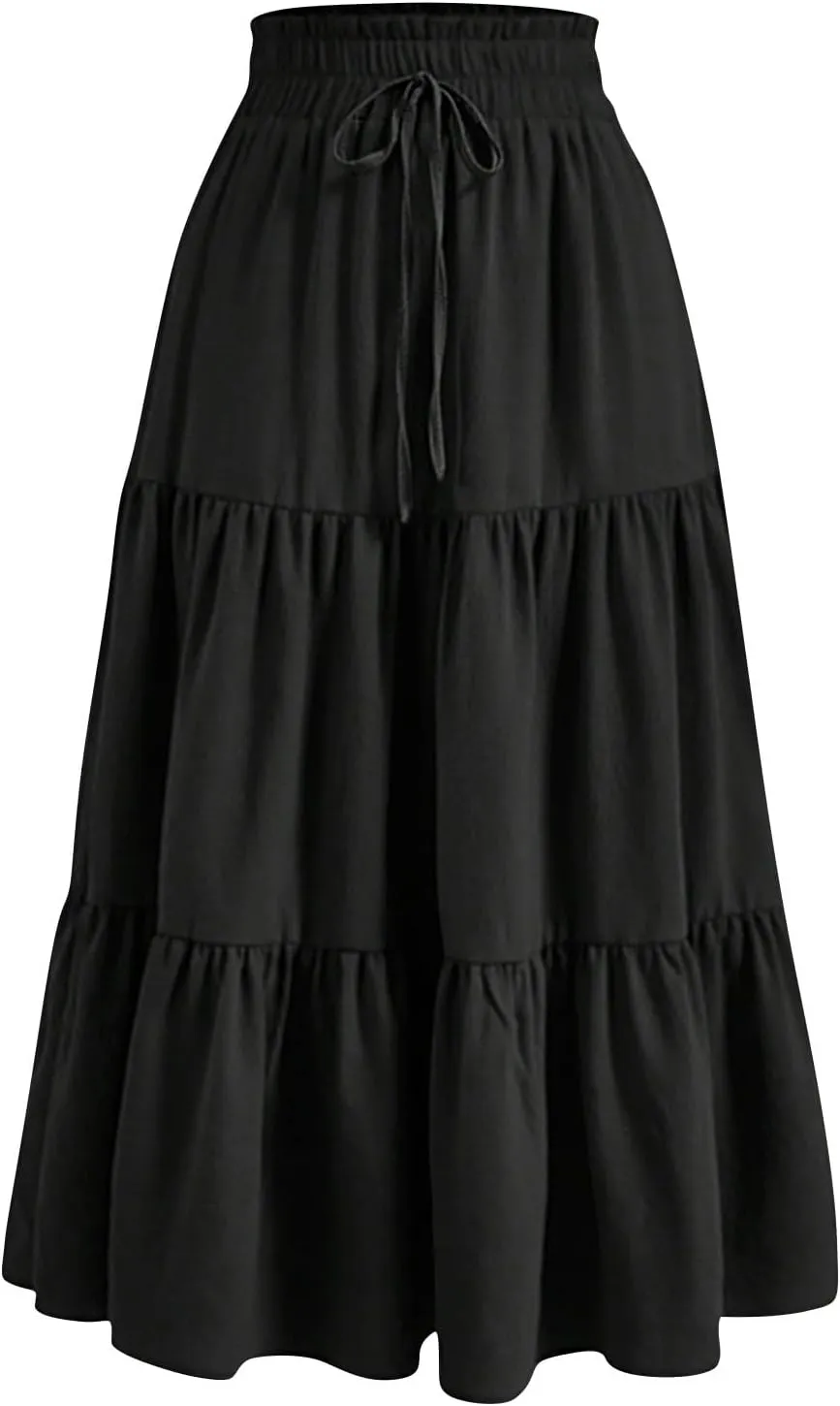 Midi Skirts for Women - Bohemian High Waist Elastic Ruffle A-Line Pleated Skirt for Summer