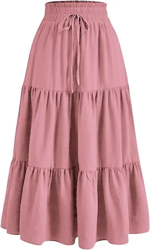 Midi Skirts for Women - Bohemian High Waist Elastic Ruffle A-Line Pleated Skirt for Summer