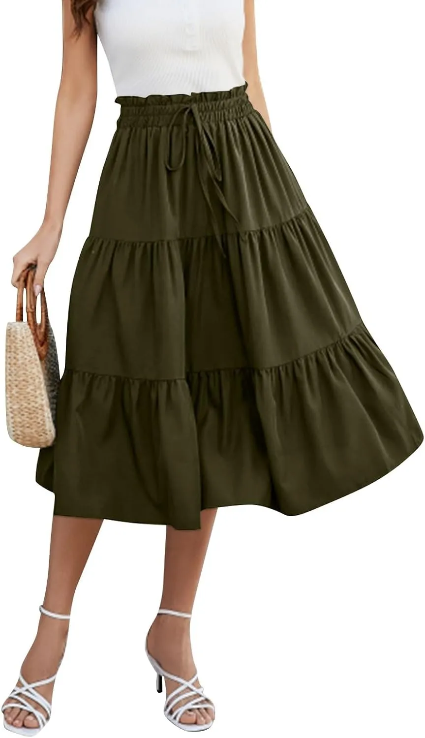 Midi Skirts for Women - Bohemian High Waist Elastic Ruffle A-Line Pleated Skirt for Summer