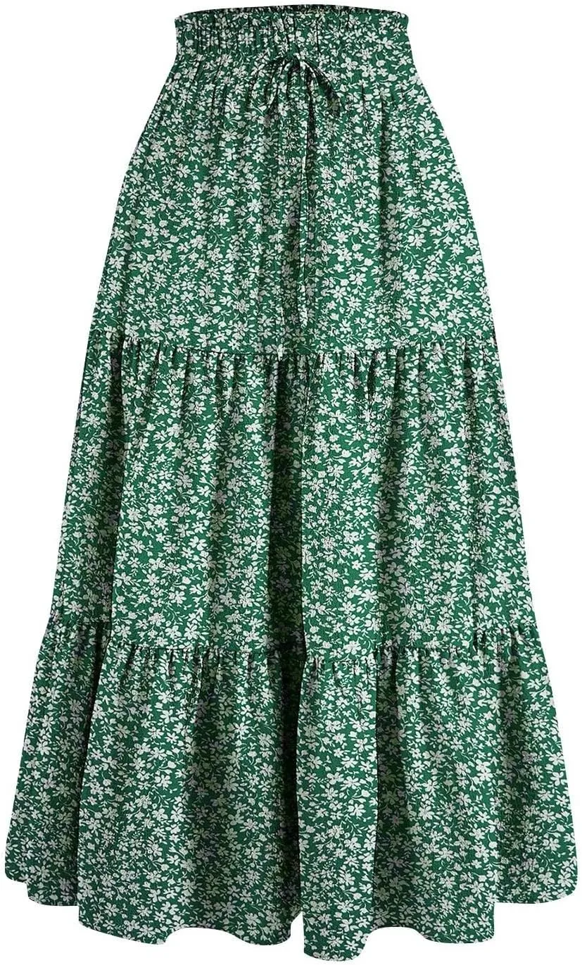 Midi Skirts for Women - Bohemian High Waist Elastic Ruffle A-Line Pleated Skirt for Summer