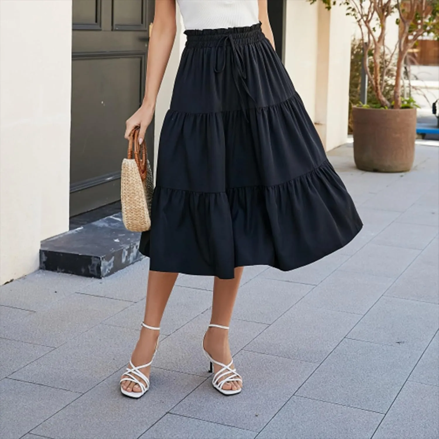 Midi Skirts for Women - Bohemian High Waist Elastic Ruffle A-Line Pleated Skirt for Summer