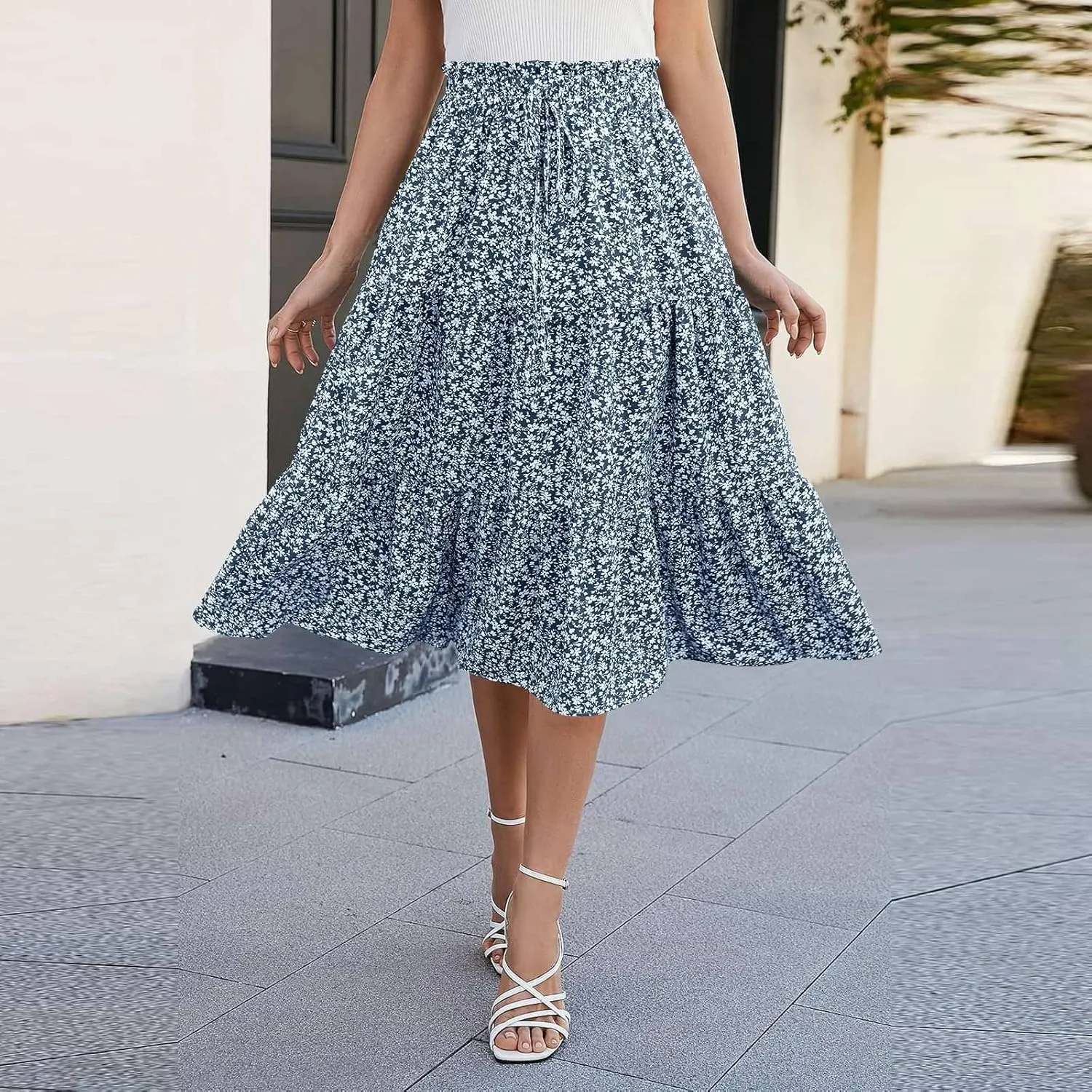 Midi Skirts for Women - Bohemian High Waist Elastic Ruffle A-Line Pleated Skirt for Summer