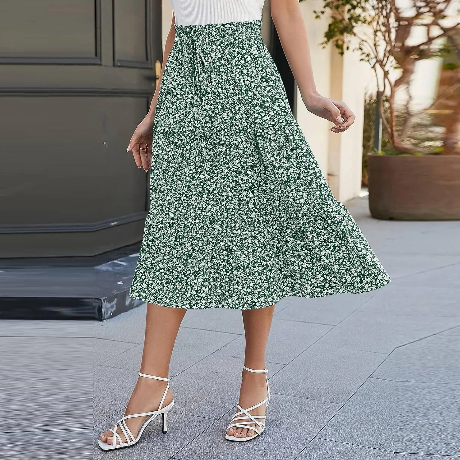 Midi Skirts for Women - Bohemian High Waist Elastic Ruffle A-Line Pleated Skirt for Summer