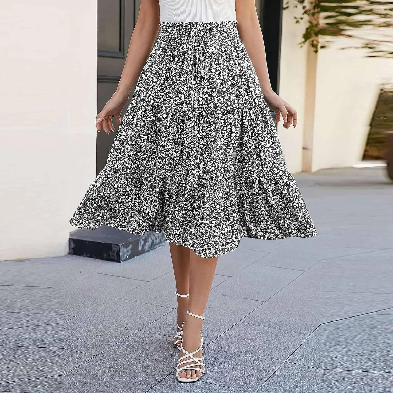 Midi Skirts for Women - Bohemian High Waist Elastic Ruffle A-Line Pleated Skirt for Summer