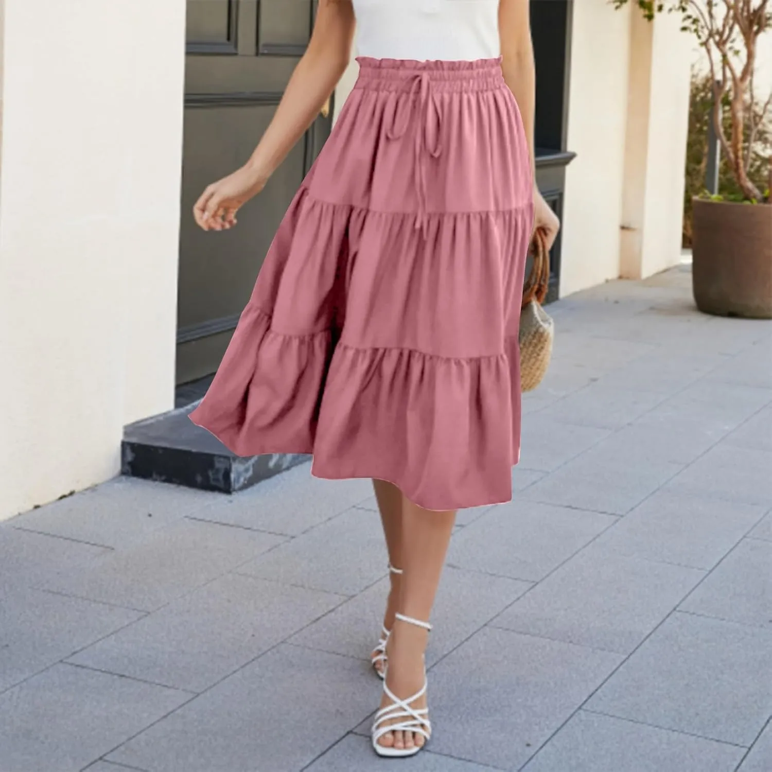 Midi Skirts for Women - Bohemian High Waist Elastic Ruffle A-Line Pleated Skirt for Summer