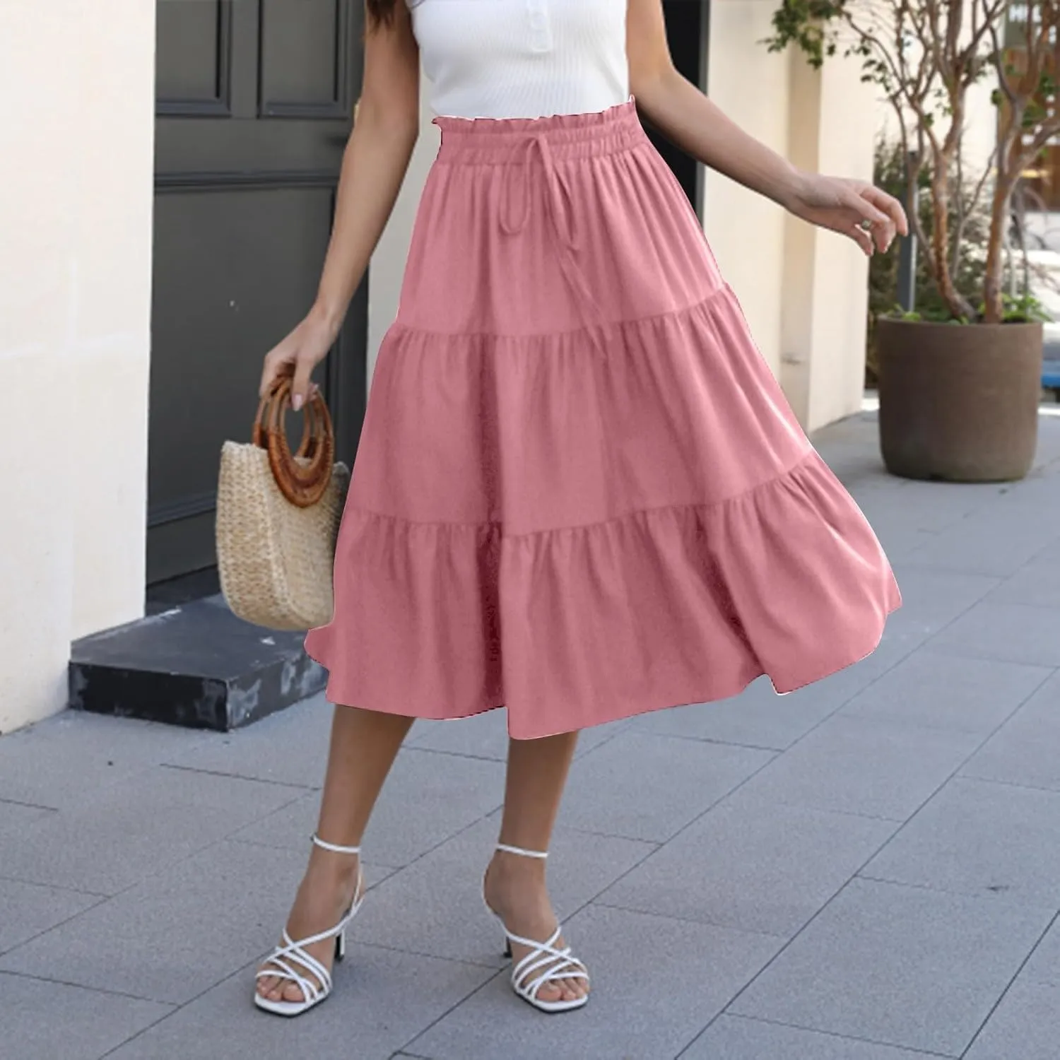 Midi Skirts for Women - Bohemian High Waist Elastic Ruffle A-Line Pleated Skirt for Summer