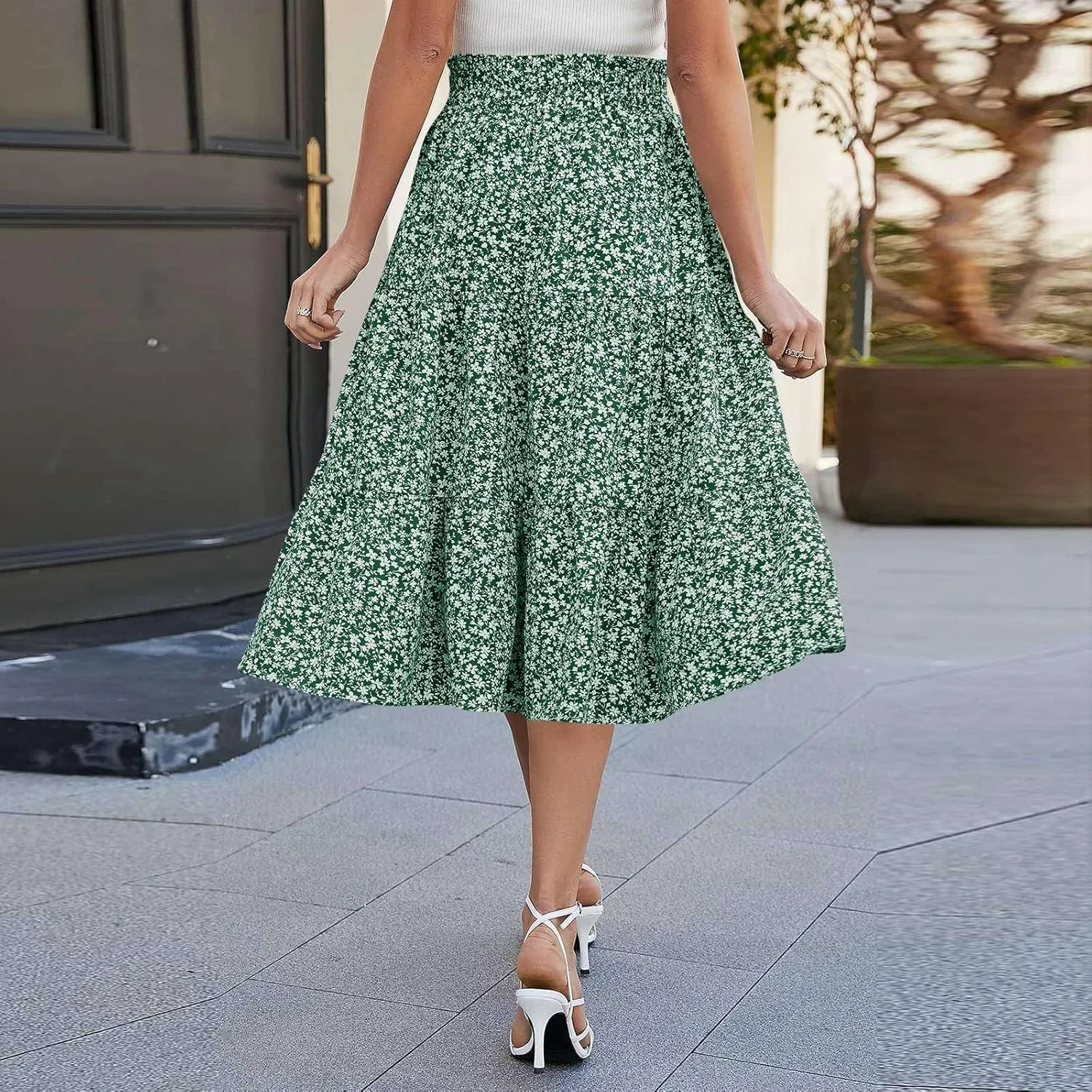 Midi Skirts for Women - Bohemian High Waist Elastic Ruffle A-Line Pleated Skirt for Summer