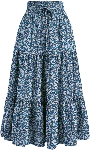 Midi Skirts for Women - Bohemian High Waist Elastic Ruffle A-Line Pleated Skirt for Summer