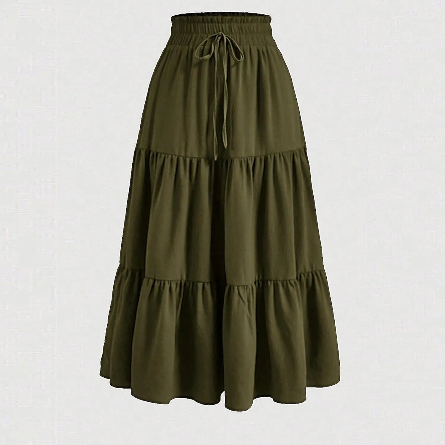 Midi Skirts for Women - Bohemian High Waist Elastic Ruffle A-Line Pleated Skirt for Summer