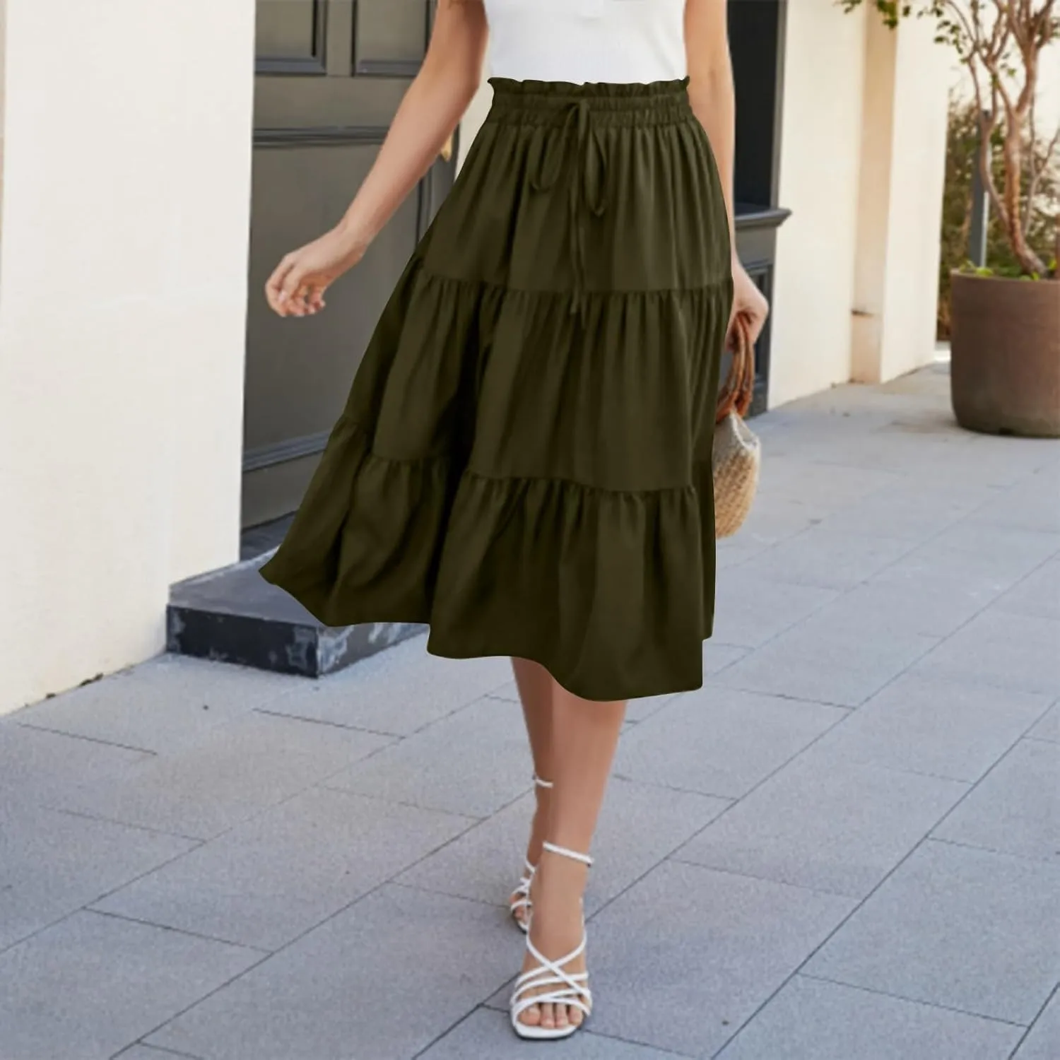 Midi Skirts for Women - Bohemian High Waist Elastic Ruffle A-Line Pleated Skirt for Summer