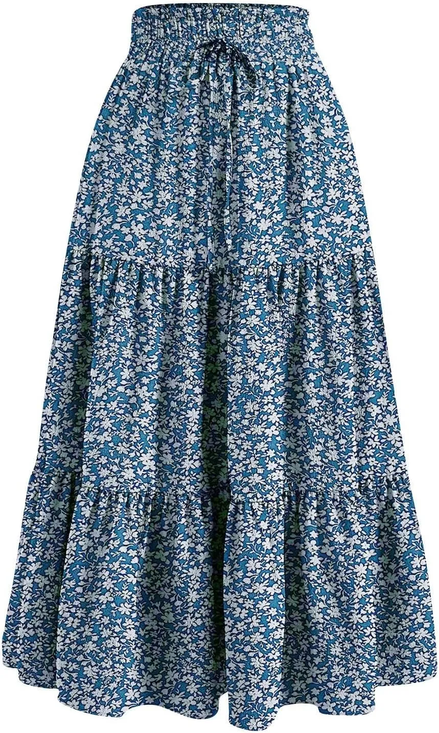 Midi Skirts for Women - Bohemian High Waist Elastic Ruffle A-Line Pleated Skirt for Summer
