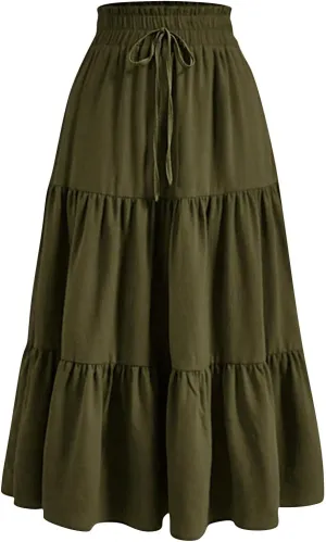 Midi Skirts for Women - Bohemian High Waist Elastic Ruffle A-Line Pleated Skirt for Summer
