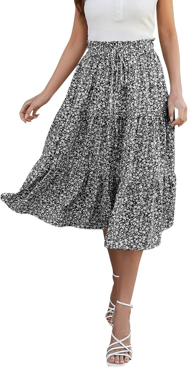 Midi Skirts for Women - Bohemian High Waist Elastic Ruffle A-Line Pleated Skirt for Summer
