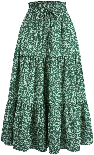 Midi Skirts for Women - Bohemian High Waist Elastic Ruffle A-Line Pleated Skirt for Summer