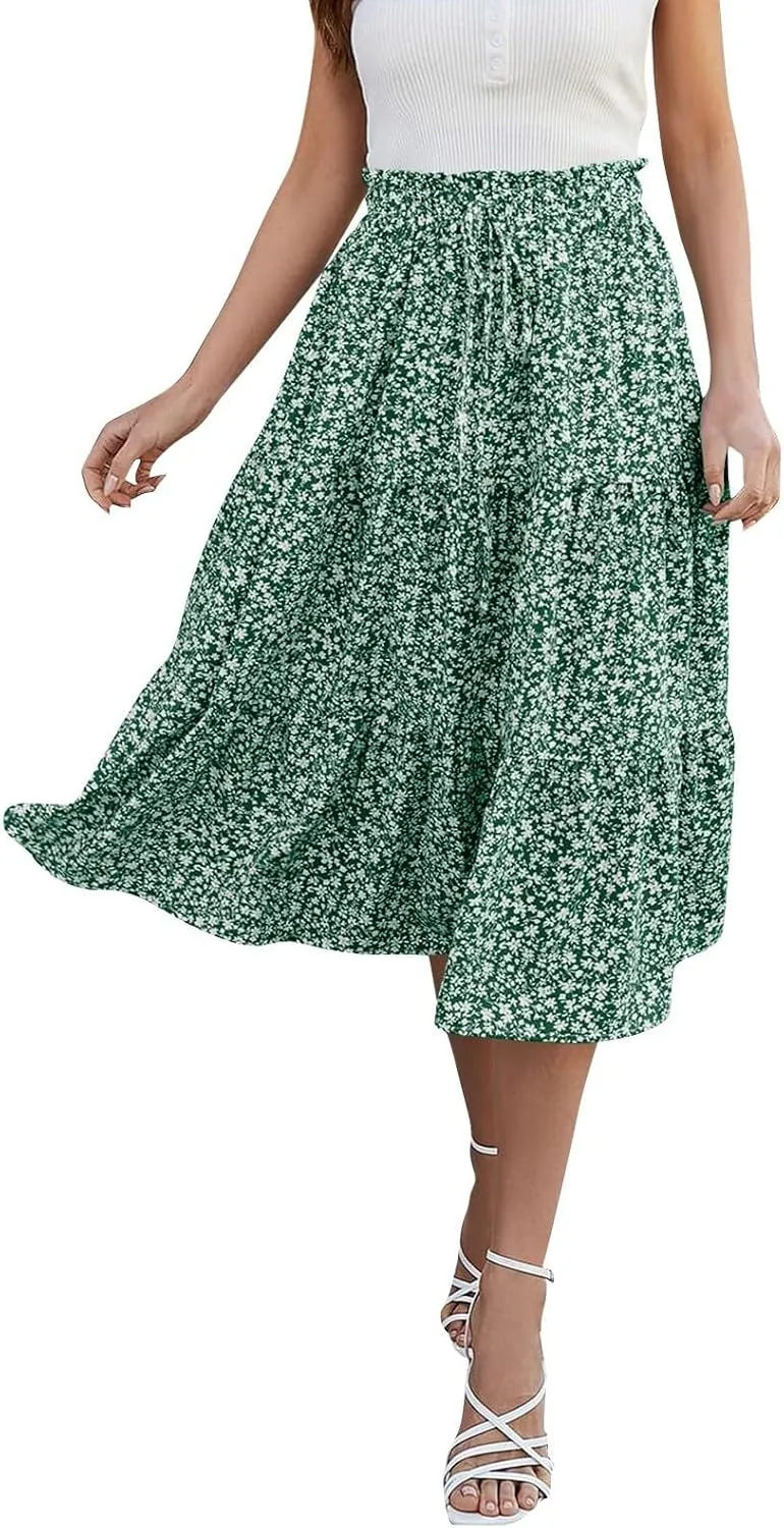 Midi Skirts for Women - Bohemian High Waist Elastic Ruffle A-Line Pleated Skirt for Summer