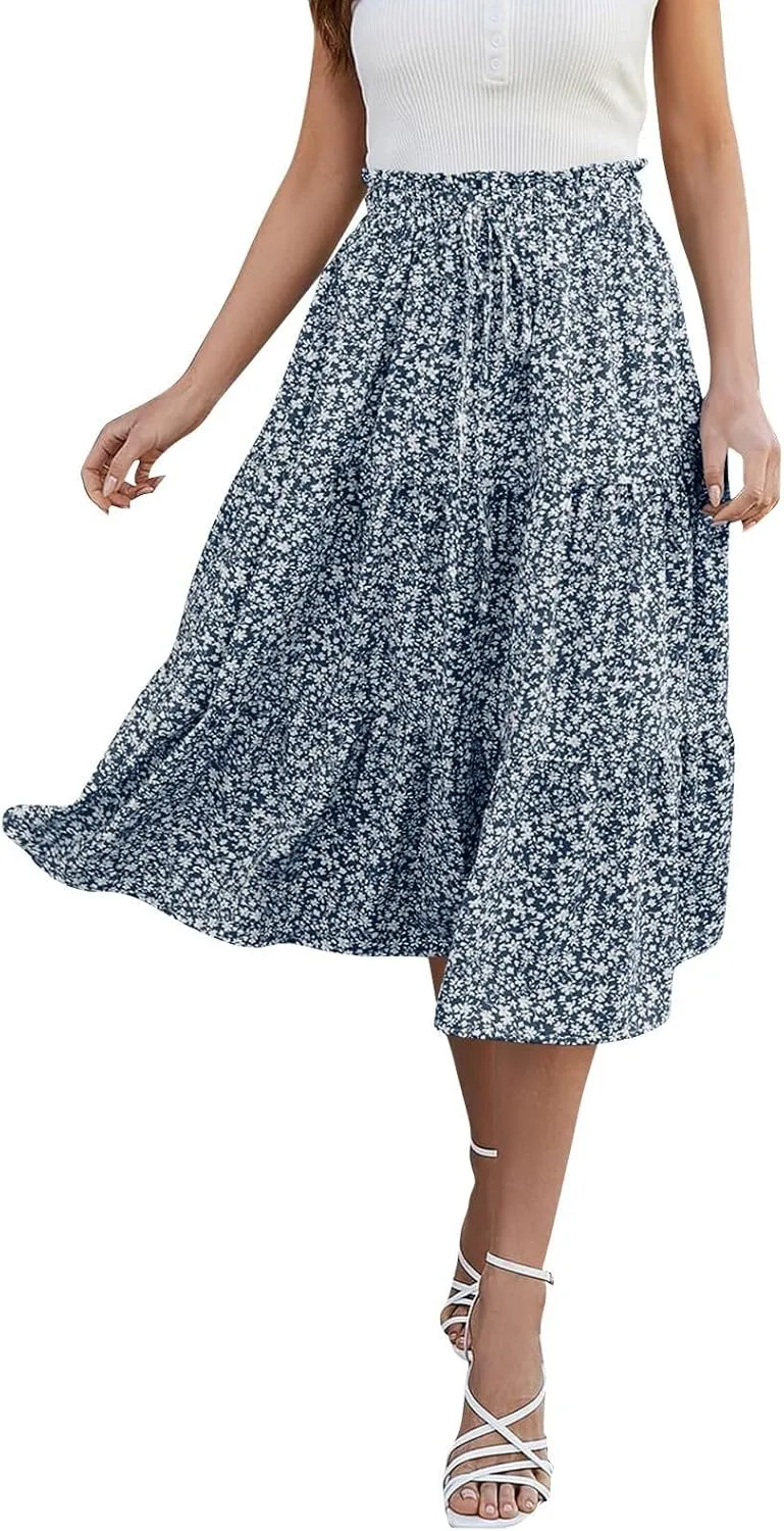 Midi Skirts for Women - Bohemian High Waist Elastic Ruffle A-Line Pleated Skirt for Summer