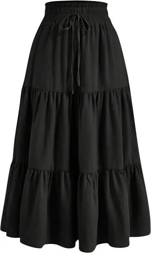 Midi Skirts for Women - Bohemian High Waist Elastic Ruffle A-Line Pleated Skirt for Summer