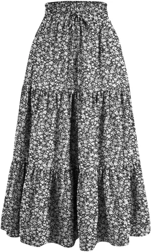 Midi Skirts for Women - Bohemian High Waist Elastic Ruffle A-Line Pleated Skirt for Summer