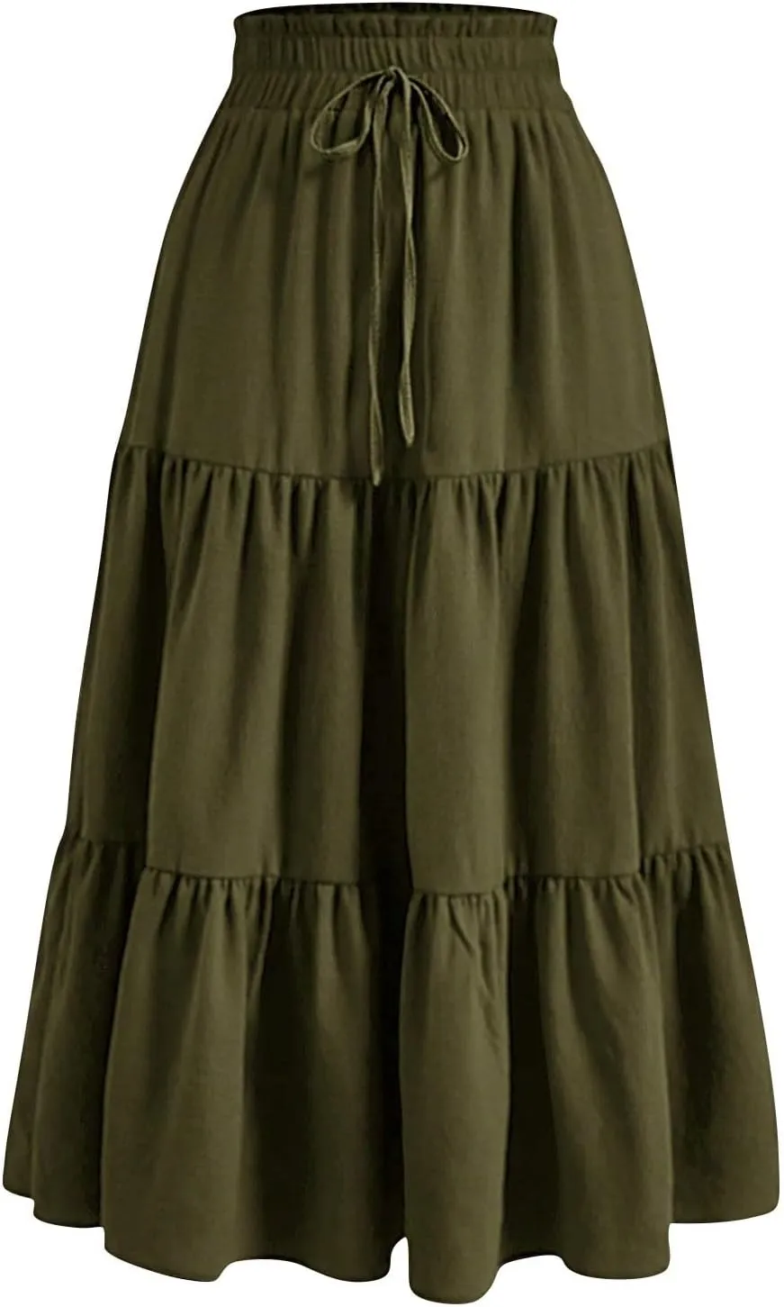 Midi Skirts for Women - Bohemian High Waist Elastic Ruffle A-Line Pleated Skirt for Summer