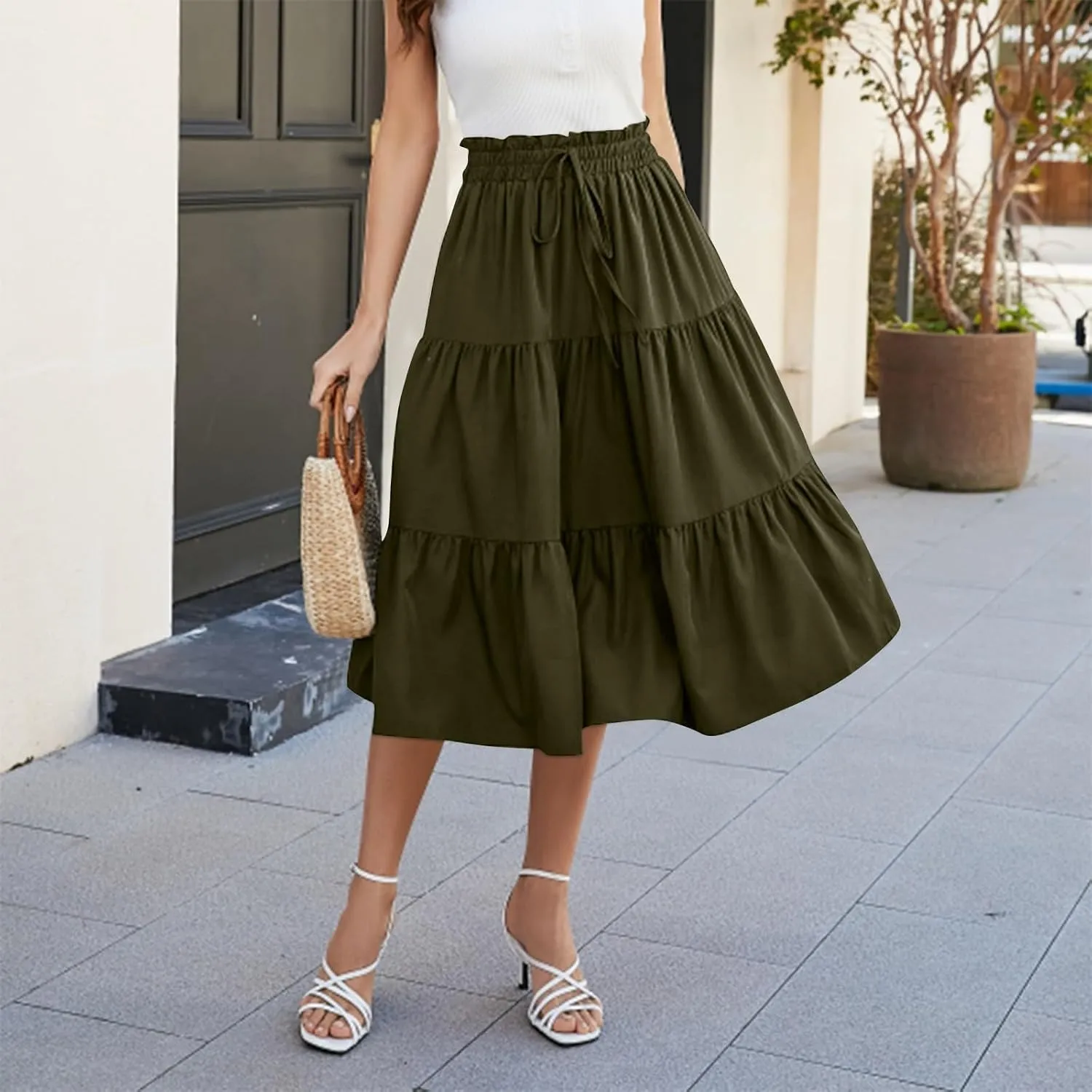 Midi Skirts for Women - Bohemian High Waist Elastic Ruffle A-Line Pleated Skirt for Summer