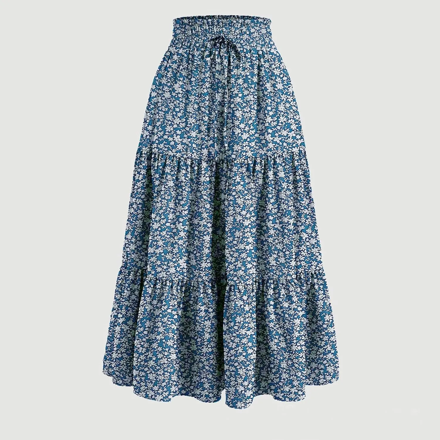 Midi Skirts for Women - Bohemian High Waist Elastic Ruffle A-Line Pleated Skirt for Summer