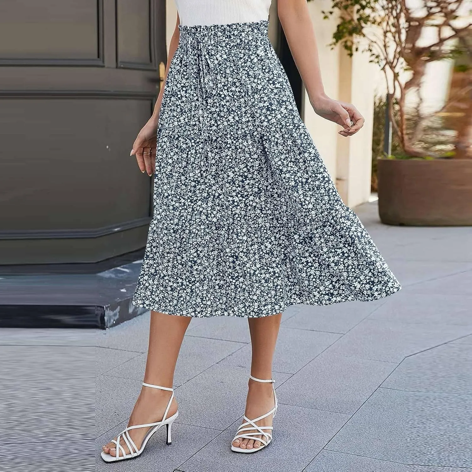 Midi Skirts for Women - Bohemian High Waist Elastic Ruffle A-Line Pleated Skirt for Summer