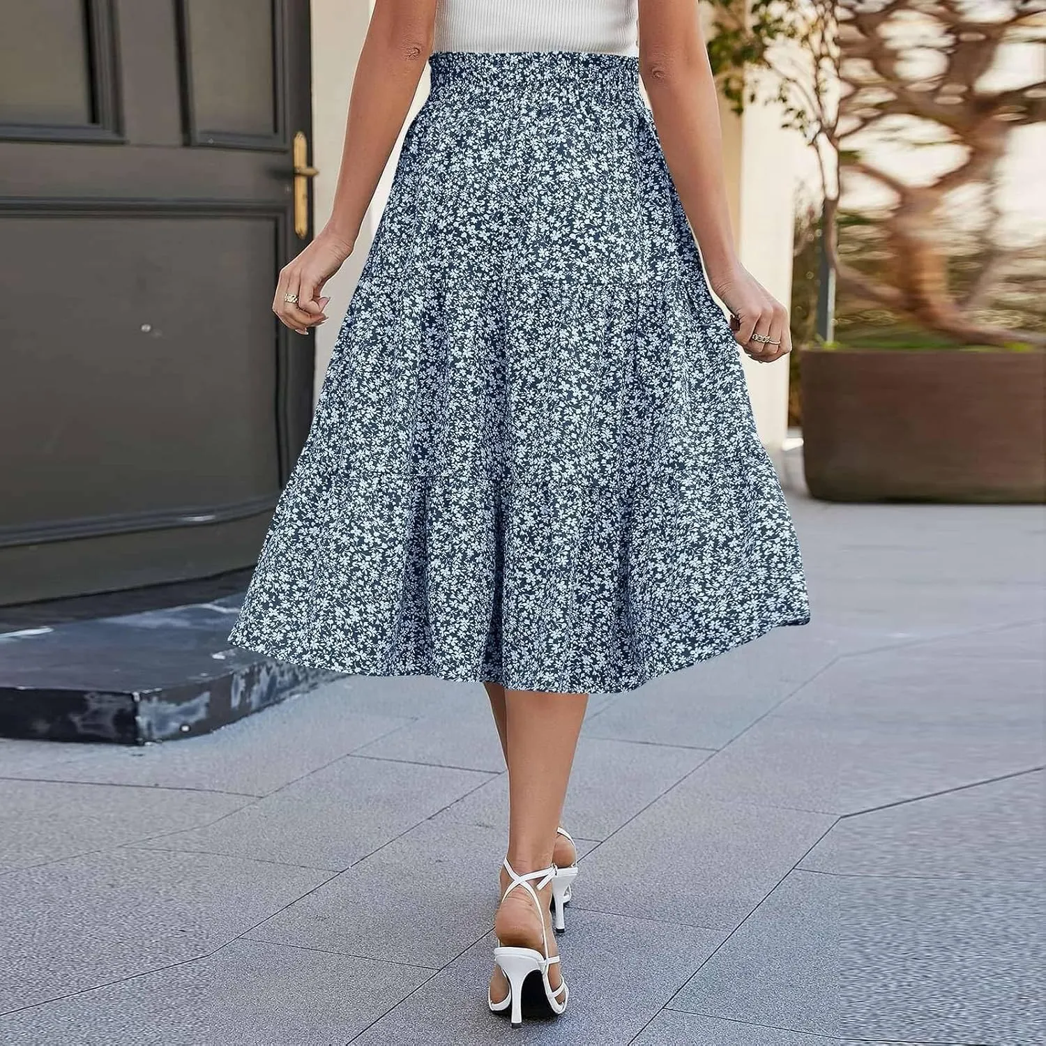 Midi Skirts for Women - Bohemian High Waist Elastic Ruffle A-Line Pleated Skirt for Summer