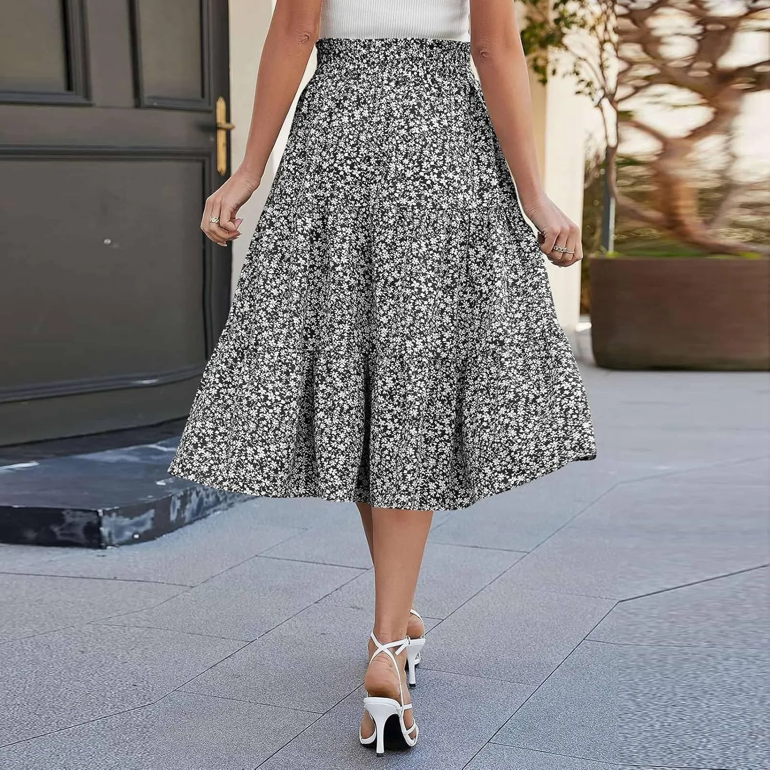 Midi Skirts for Women - Bohemian High Waist Elastic Ruffle A-Line Pleated Skirt for Summer