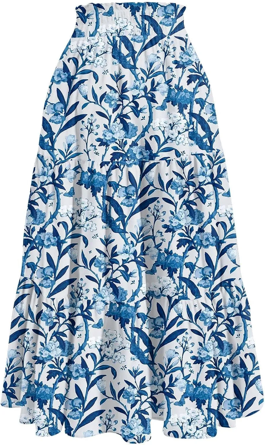 Midi Skirts for Women - High Waist Pleated Bohemian A-Line Ruffle Skirt for Casual Outings