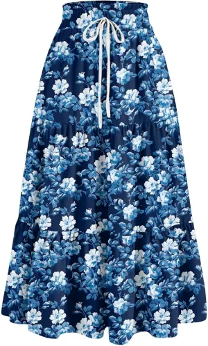 Midi Skirts for Women - High Waist Pleated Bohemian A-Line Ruffle Skirt for Casual Outings