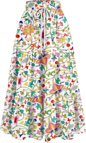 Midi Skirts for Women - High Waist Pleated Bohemian A-Line Ruffle Skirt for Casual Outings